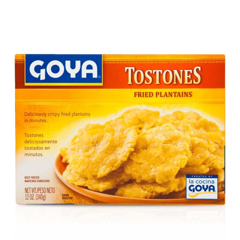 Peso: 12 oz   Los Tostones Congelados Goya, también conocidos como patacón, tostón, tachino o tajada, es un producto hecho a base de trozos aplanados fritos de plátano verde (macho). Se encuentran congelados para hacer su preparación mucho más fácil.