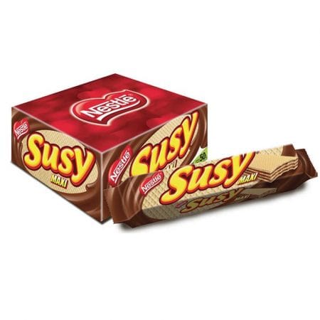 SUSY®, es la mejor combinación entre crujientes capas de galletas tipo wafer, rellenas con una deliciosa crema sabor a chocolate SAVOY®. Es el complemento perfecto para ese momento que necesitamos que todo fluya creando un ambiente de buena vibra. SUSY® es la galleta tradicional del venezolano.  Presentación 4 unidades y 18 unidades.  Fabricante Nestlé Venezuela, S.A.